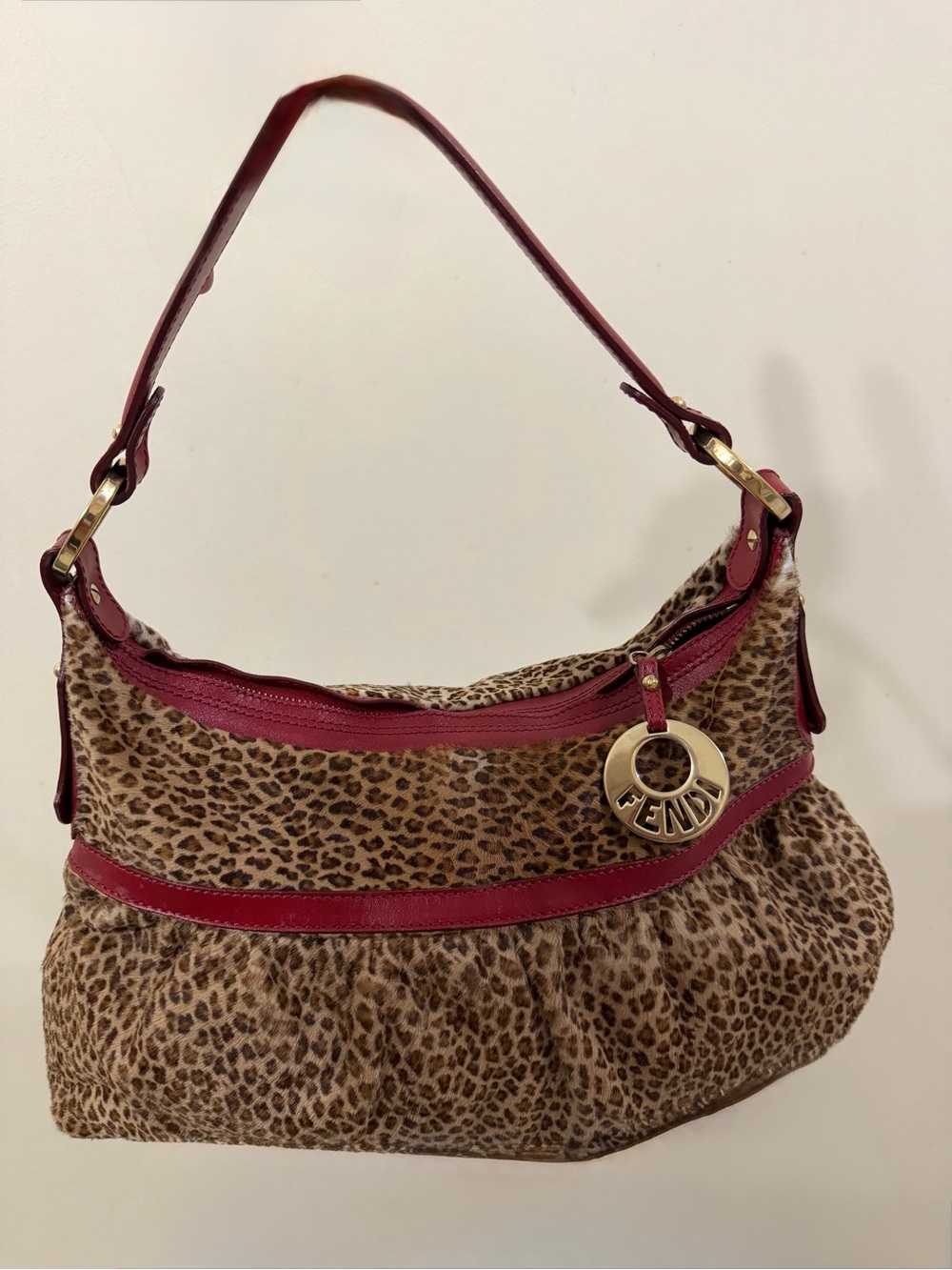 Fendi Leopard Print pony hair Shoulder Bag with Burgundy Trim and Gold Charm